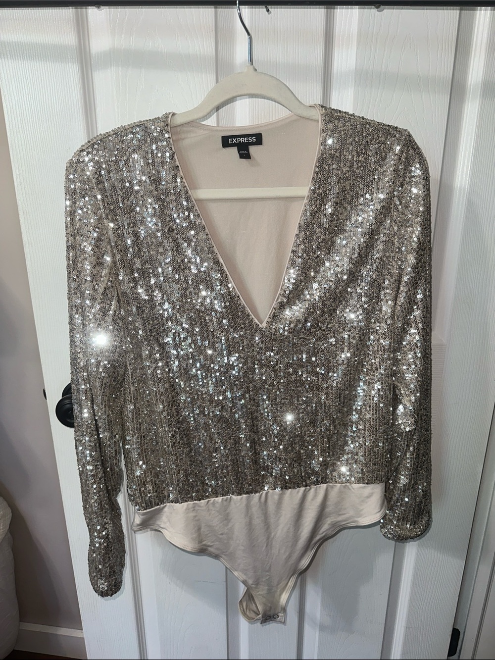 Express Silver Sequin V-Neck Long Sleeve Bodysuit